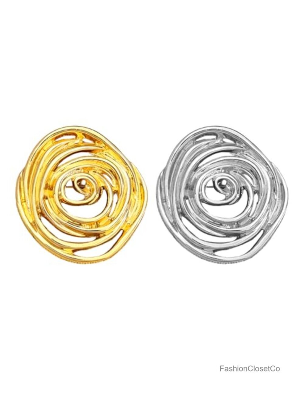 2pc Large Geometric Swirl Brooch Set Silver Tone Metal Pin Lapel Badge